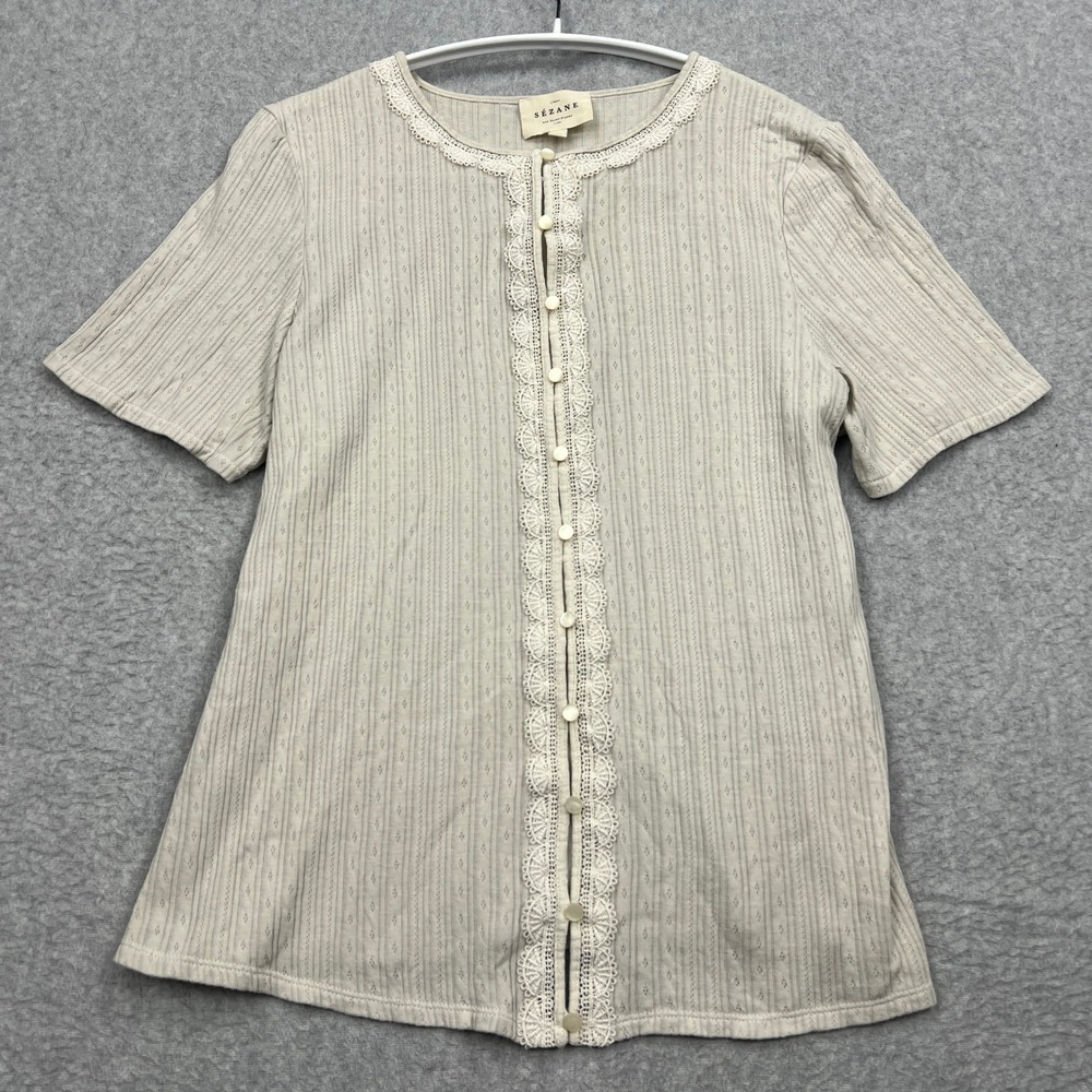 Sezane Laura Tee Womens Medium Pointelle Lace Trim Button Up Short Sleeve Shirt